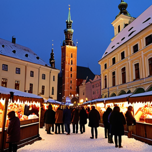 Home 13 A vibrant, festive Polish Christmas market scene in the evening, capturing the essence of Krakow's Rynek Główny. Focus on beautifully decorated wooden stalls selling traditional Polish crafts, warm mulled wine (grzane wino), and delicious oscypek cheese. Snow gently falling, illuminating cheerful Polish families bundled in winter coats, enjoying the festive atmosphere. Soft, warm lighting from string lights and lanterns creates a magical ambiance. In the background, hints of historic Polish architecture, perhaps the Cloth Hall (Sukiennice) or St. Mary's Basilica, add to the authentic feel.