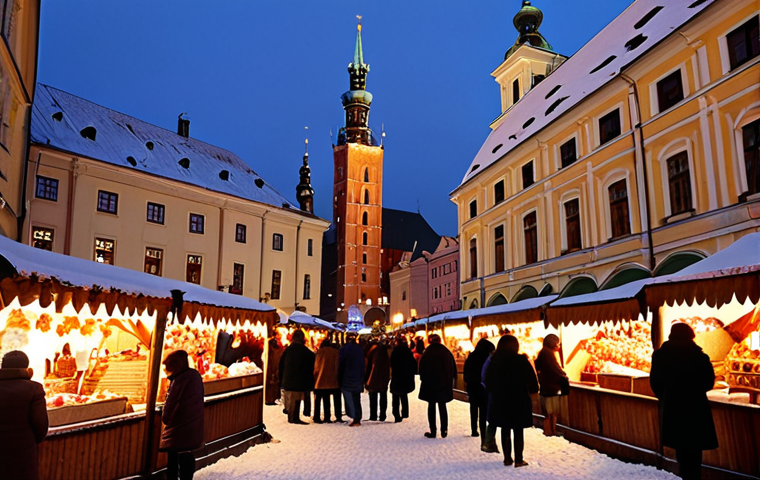 A vibrant, festive Polish Christmas market scene in the evening, capturing the essence of Krakow's Rynek Główny. Focus on beautifully decorated wooden stalls selling traditional Polish crafts, warm mulled wine (grzane wino), and delicious oscypek cheese. Snow gently falling, illuminating cheerful Polish families bundled in winter coats, enjoying the festive atmosphere. Soft, warm lighting from string lights and lanterns creates a magical ambiance. In the background, hints of historic Polish architecture, perhaps the Cloth Hall (Sukiennice) or St. Mary's Basilica, add to the authentic feel.