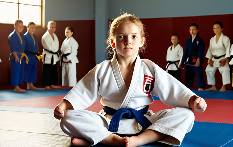**

*   **Prompt:** A young, initially shy child in a Judo gi, executing a throw with newfound confidence. Sunlight streams in, highlighting the determination on their face. Gym setting with supportive classmates cheering. Focus on posture and self-assuredness.

**